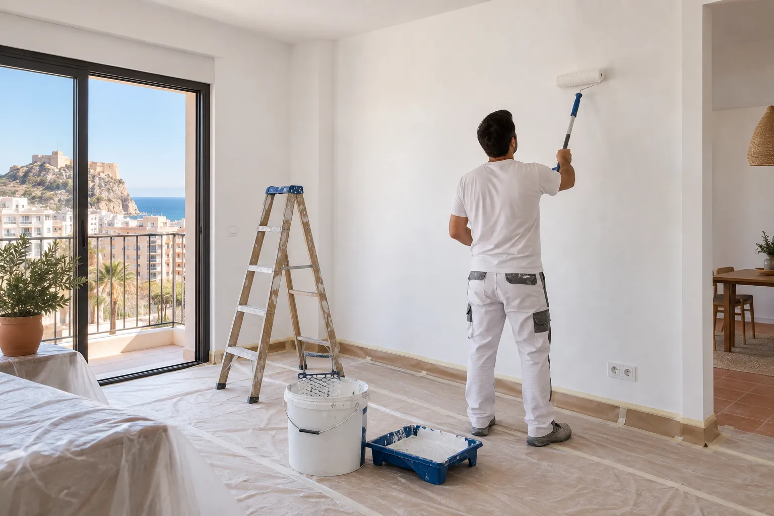 Pintor aplicando pintura blanca con rodillo en una habitación protegida